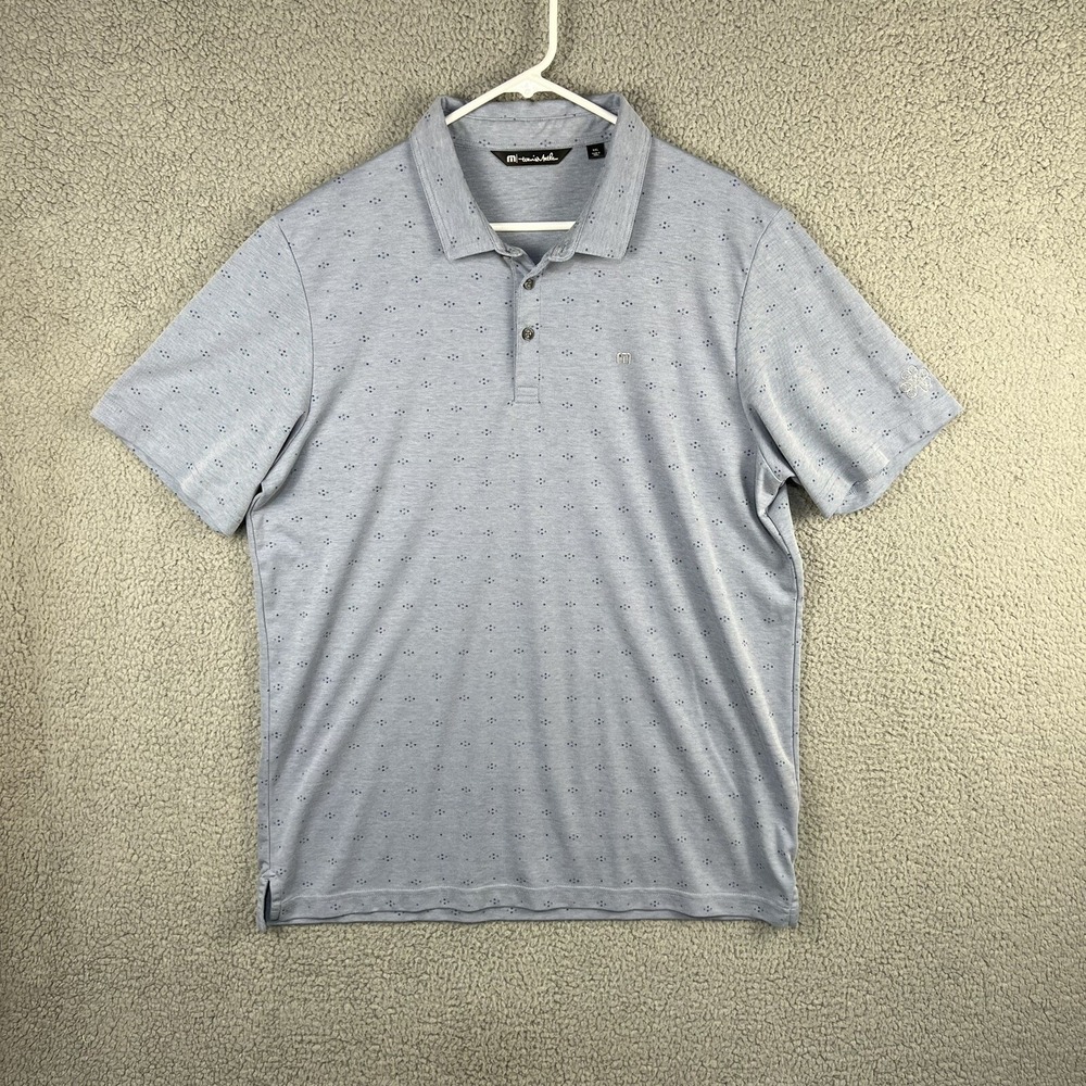 Travis Mathew Golf Polo Mens 2XL Light Blue Polka Dot Allover Print Pima Blend